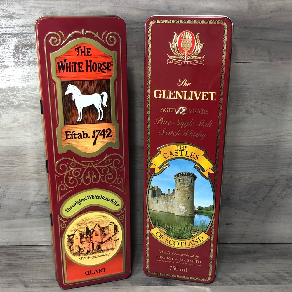 2 Collectible Scotch Whiskey Tins: Glenlivet, White Horse | Man Cave or Bar